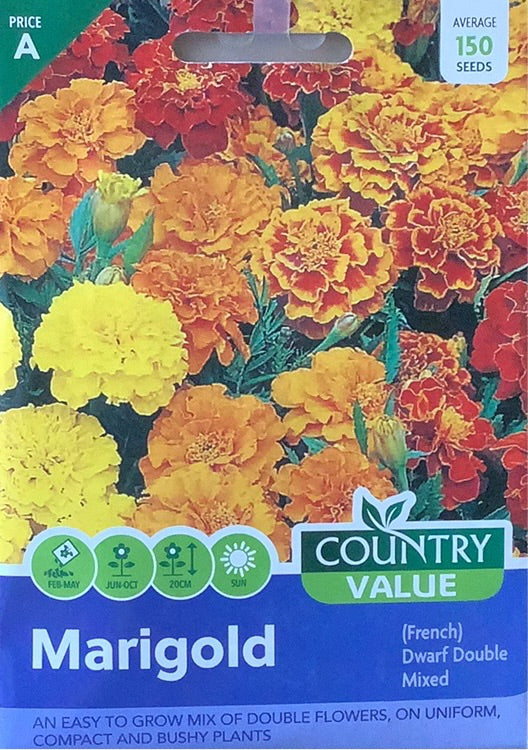 Marigold Seeds, French dwarf double mixed. Country Value