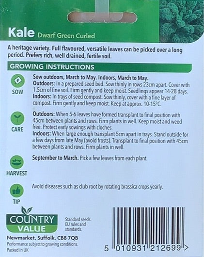 Dwarf Green Curled Kale Seeds, Country Value