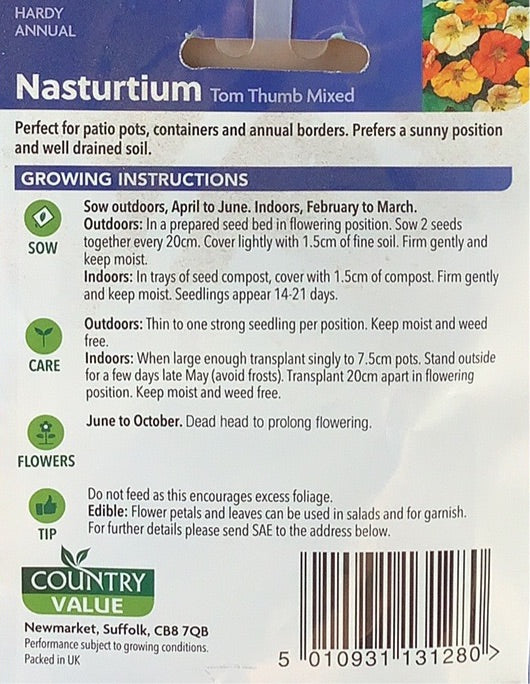 Nasturtium Seeds, Tom Thumb mixed. Country Value