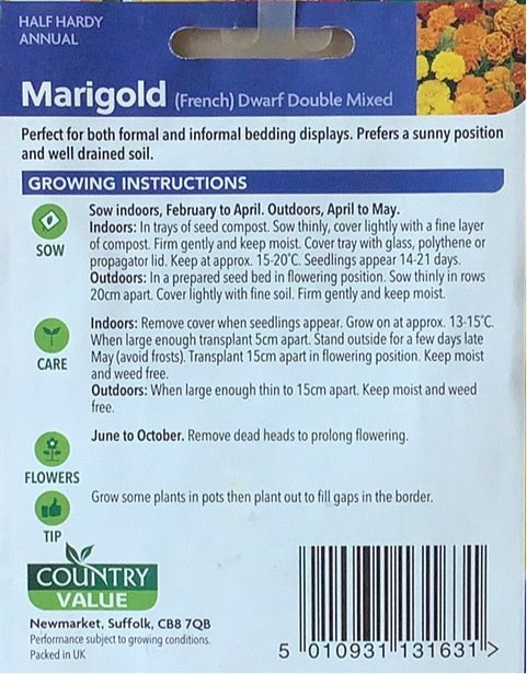 Marigold Seeds, French dwarf double mixed. Country Value