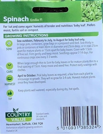 Spinach Emilia F1 Seeds, Country Value